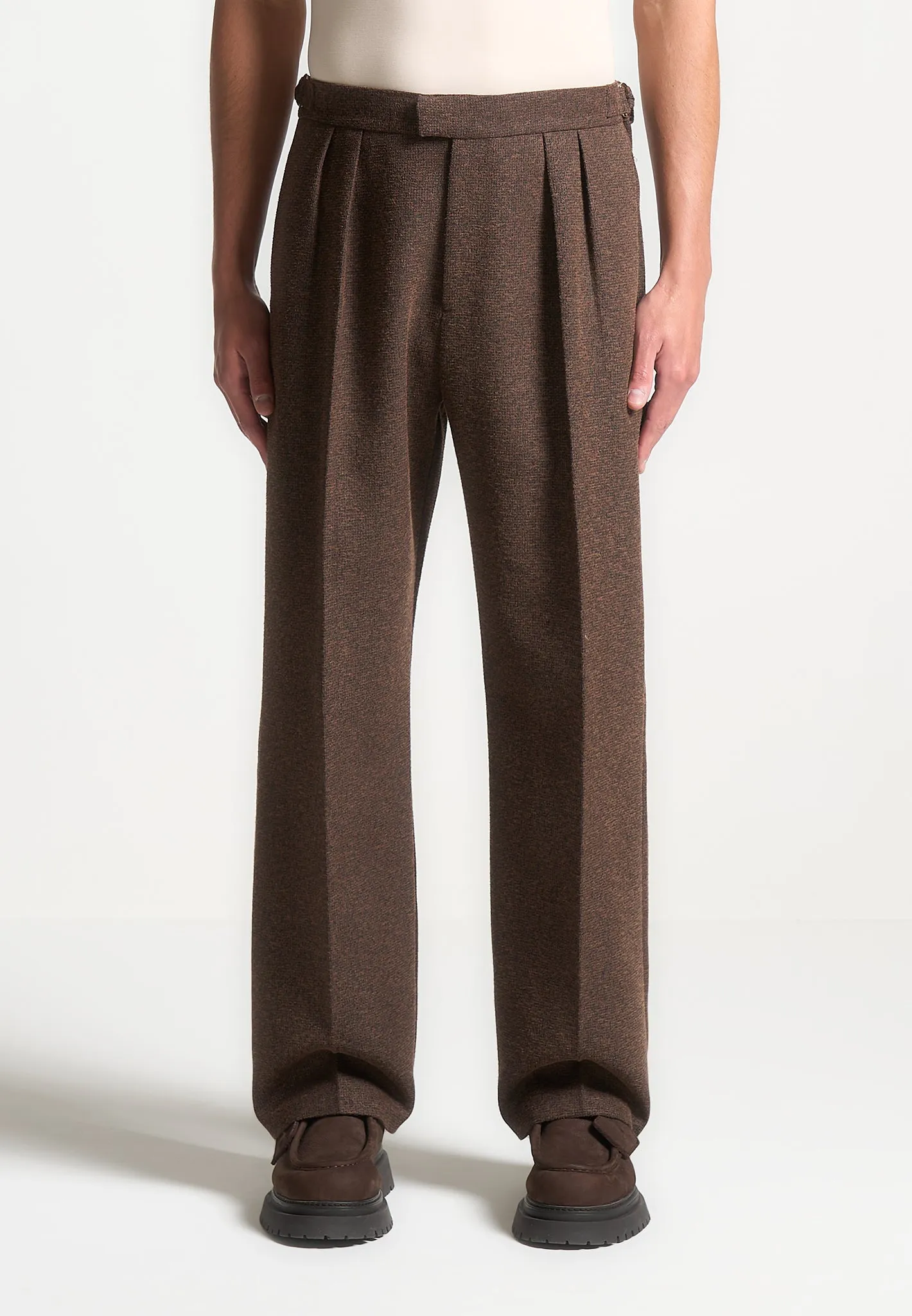 Relaxed Fit Melange Twin Pleat Tailored Trousers - Brown