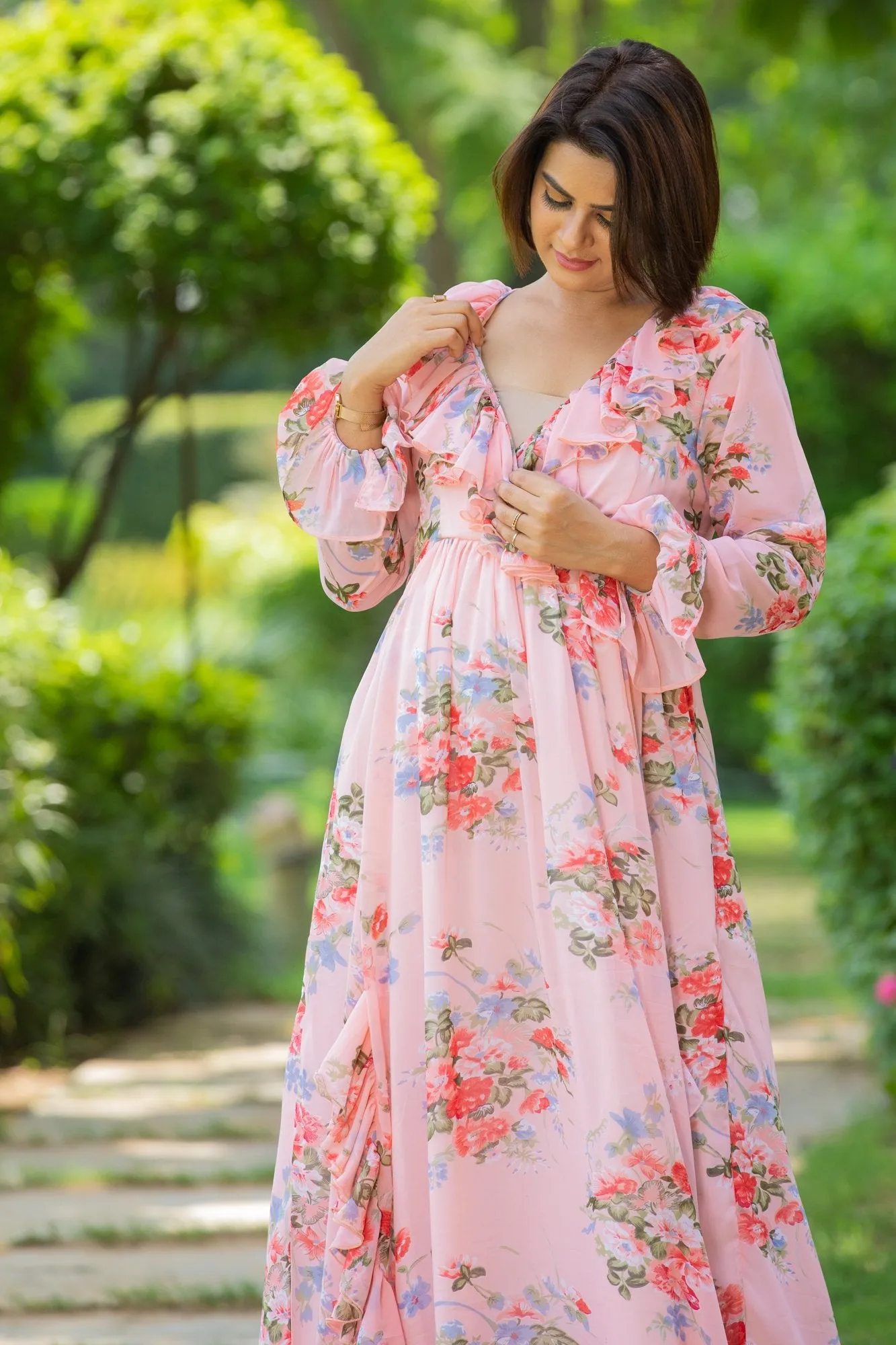 Rose Pink Maternity & Nursing Frill Dress