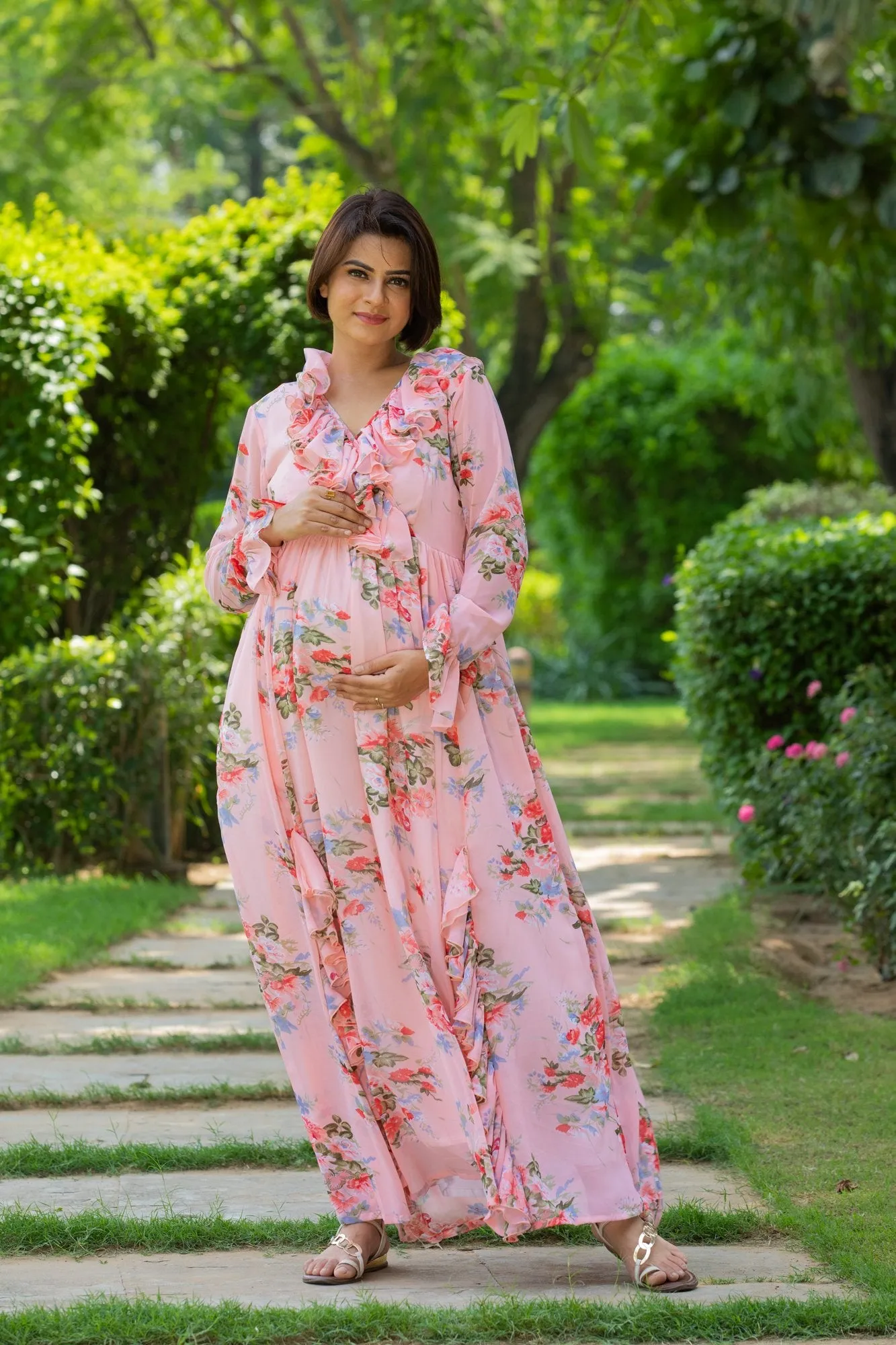 Rose Pink Maternity & Nursing Frill Dress