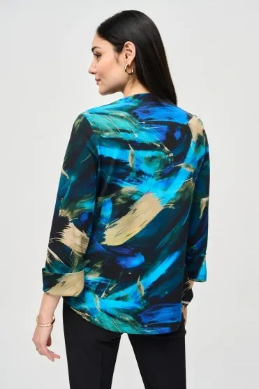 Silky Knit Abstract Print Swing Jacket - Black/Multi- 243328-178