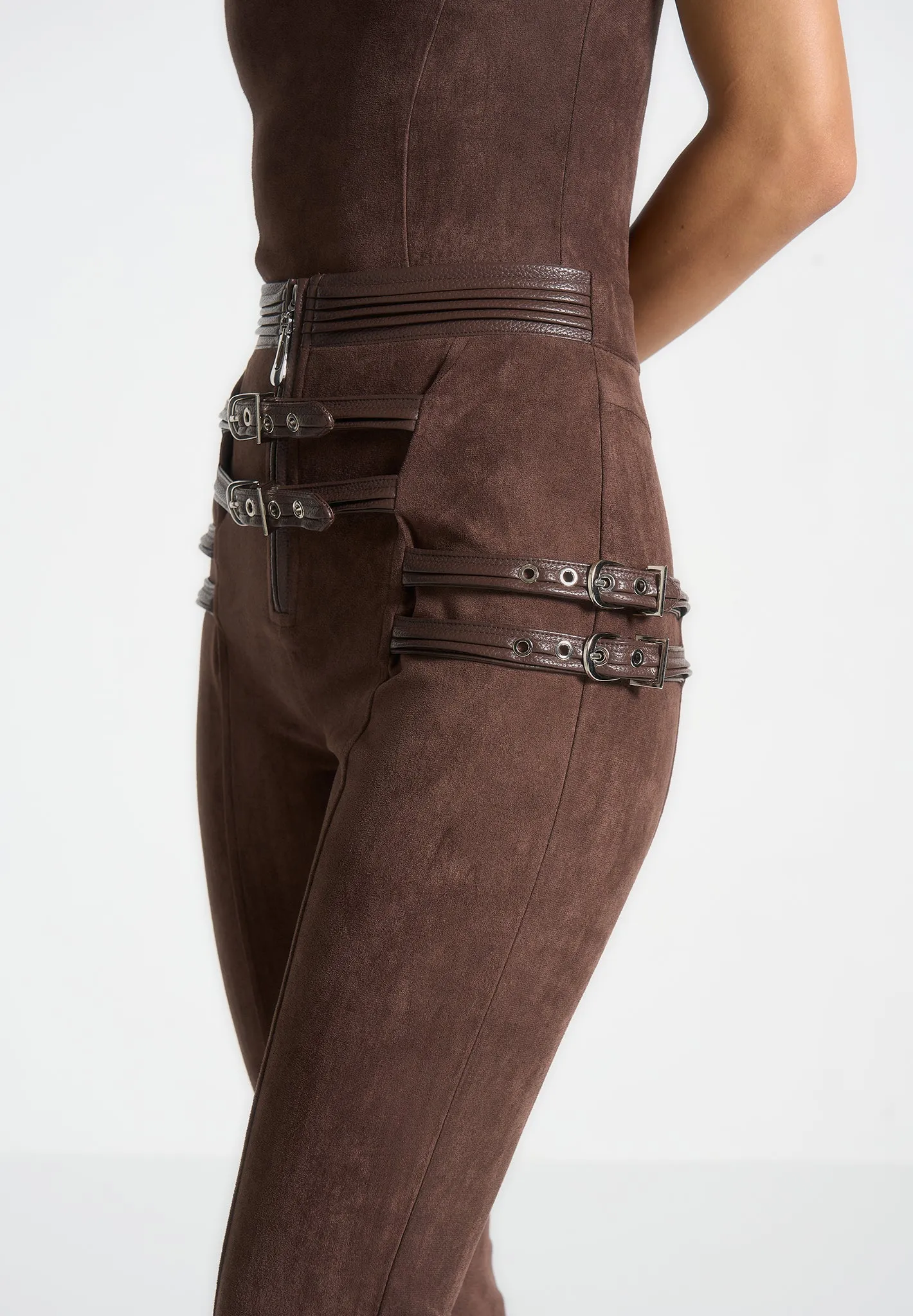 Suede Buckle Detail Leggings - Brown