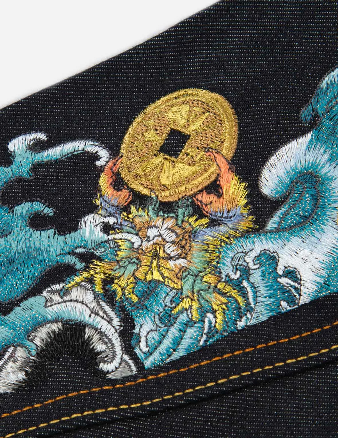 “The God of Fortune Riding Waves” Daicock Embroidery Denim Jacket