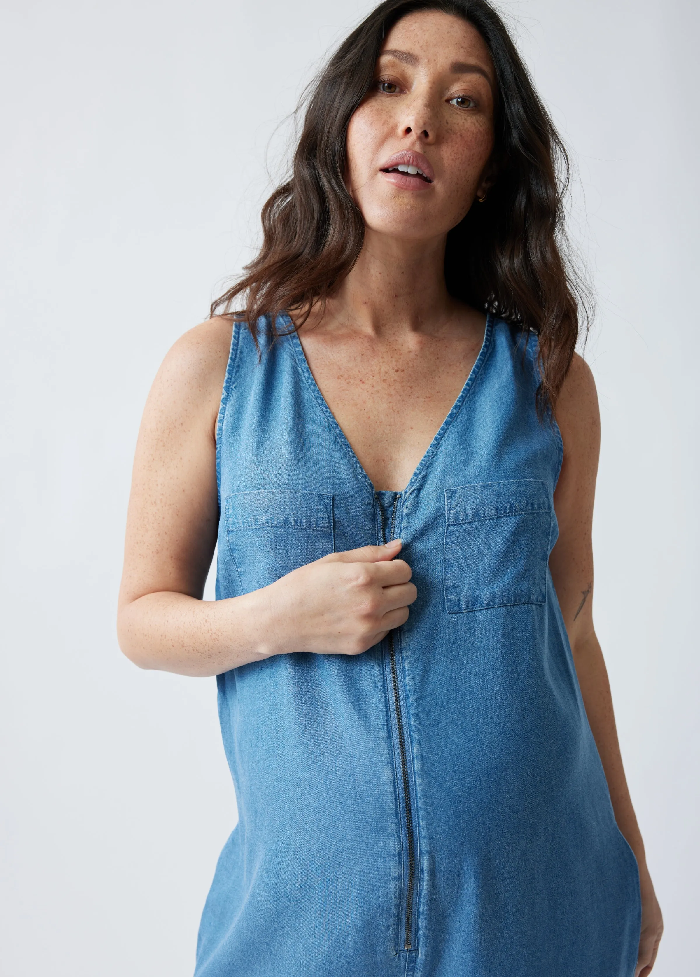 The Zip & Relax Maternity + Nursing Chambray Jumpsuit