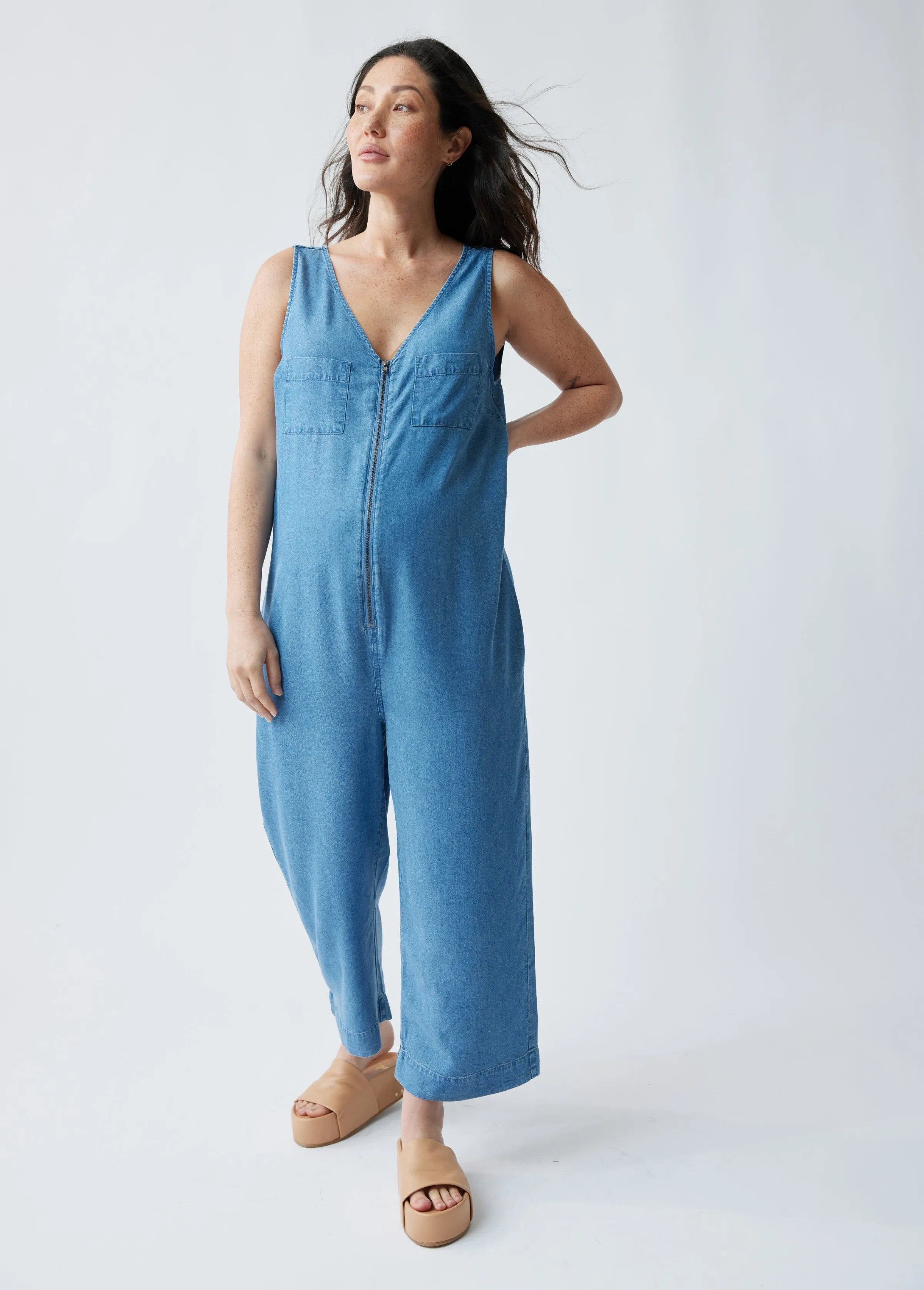 The Zip & Relax Maternity + Nursing Chambray Jumpsuit