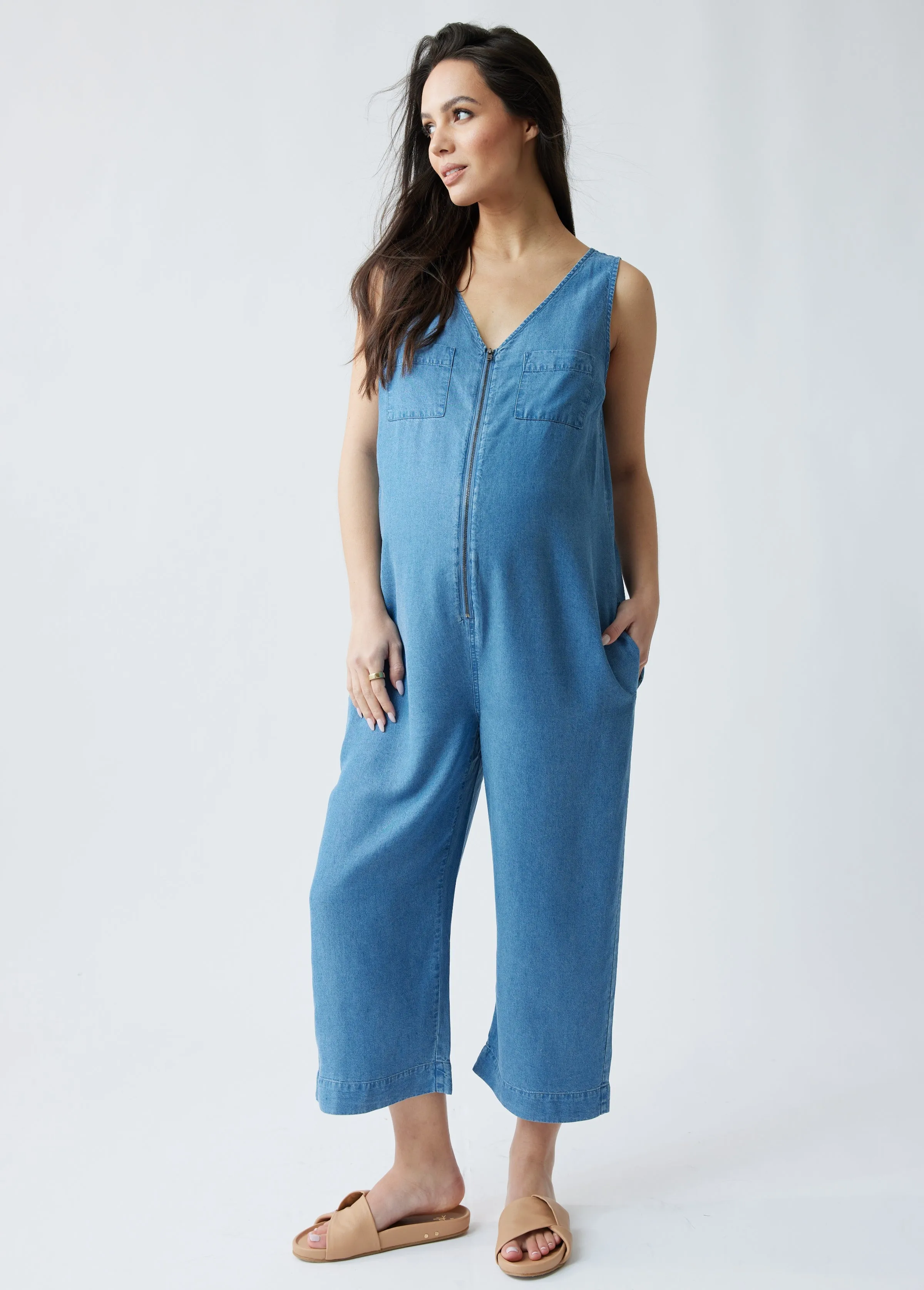 The Zip & Relax Maternity + Nursing Chambray Jumpsuit