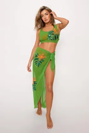 Tropical Palm Embellished Crop Vest And Sarong Set