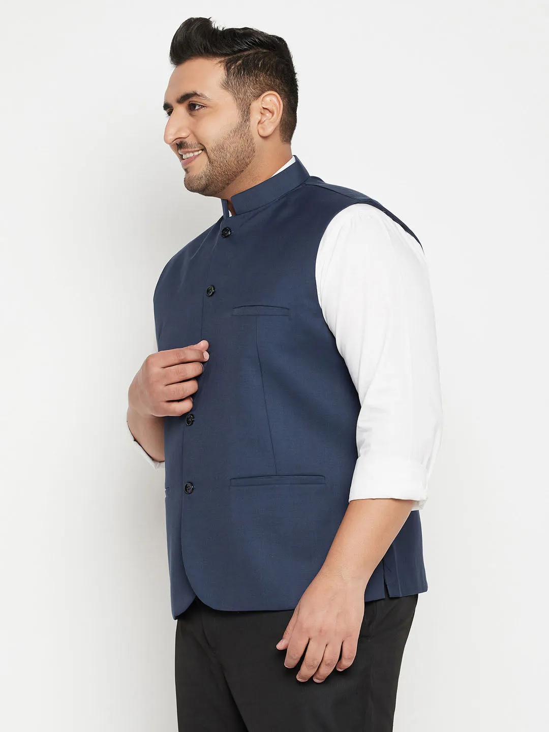 VASTRAMAY Men's Plus Size Blue Cotton Blend Nehru Jacket