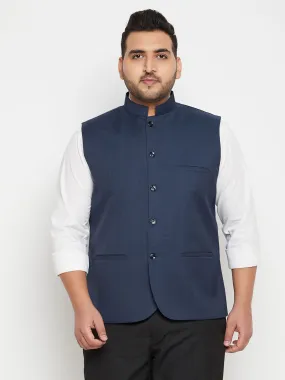 VASTRAMAY Men's Plus Size Blue Cotton Blend Nehru Jacket