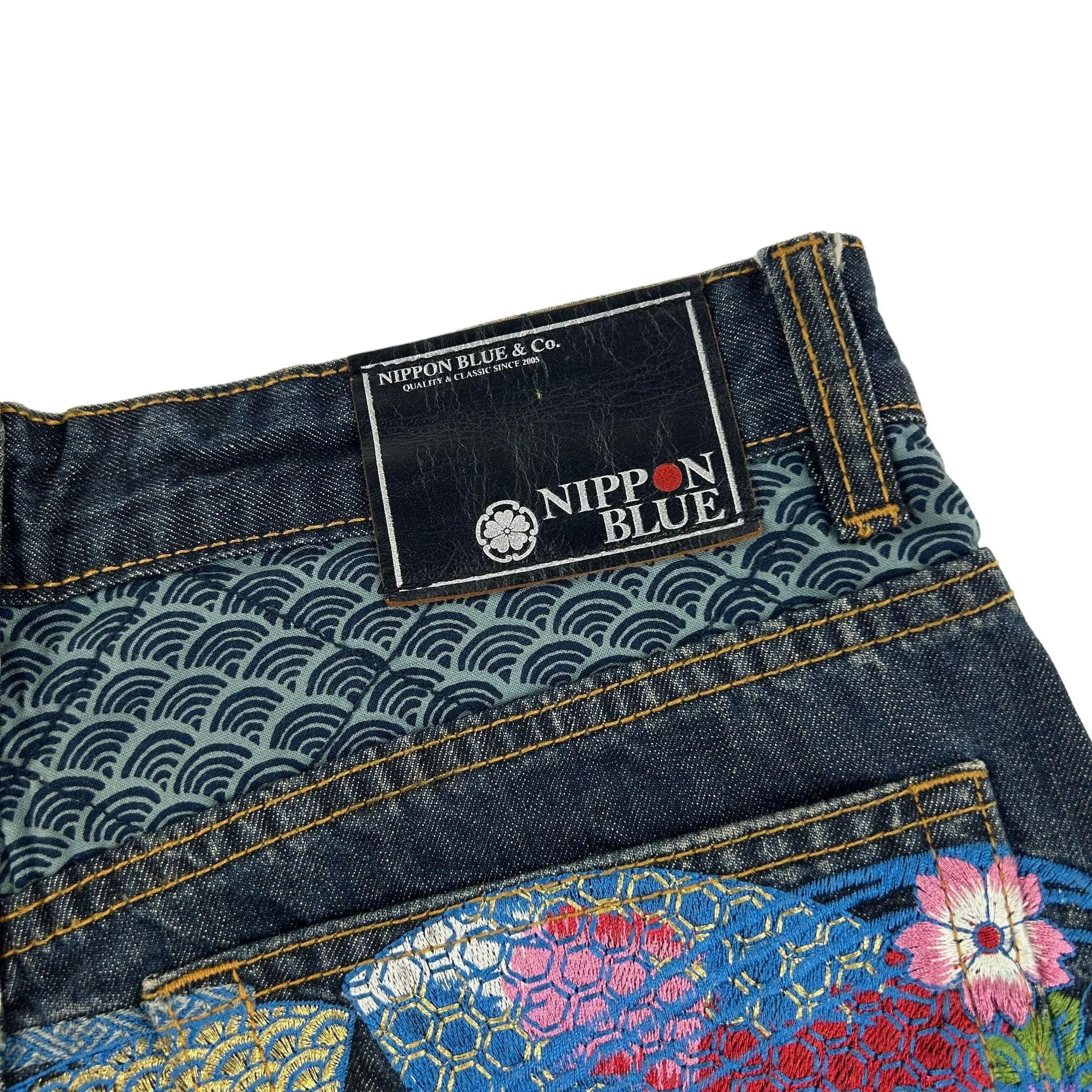 Vintage Koi Fish Nippon Blue Embroidered Japanese Denim Jeans Size W28