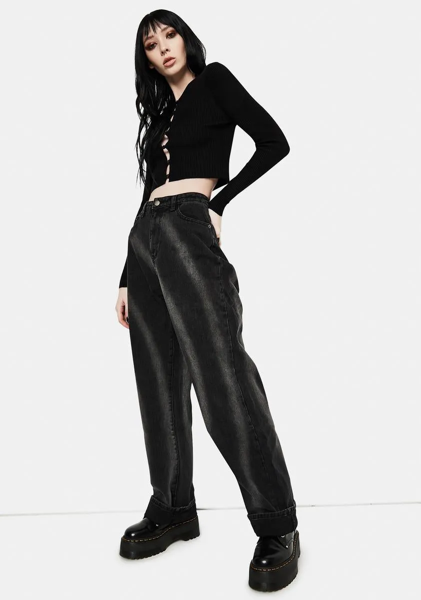 Washed Black Tie Dye Circle Effect Baggy Wide Leg Jeans-