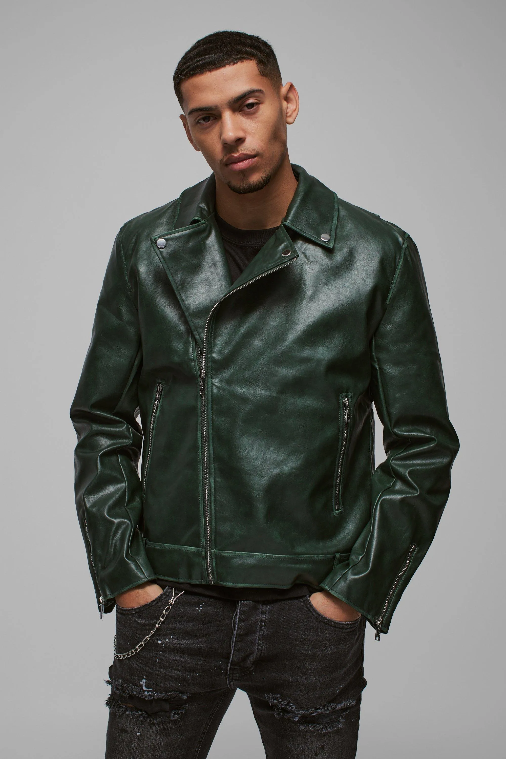 Washed Pu Biker Jacket In Green