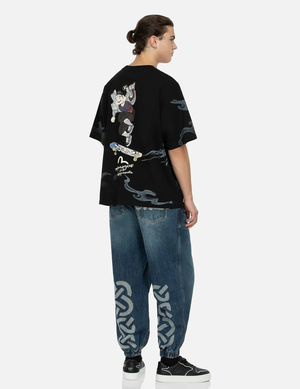 Wheel of Wisdom Print Wide Leg Denim Joggers