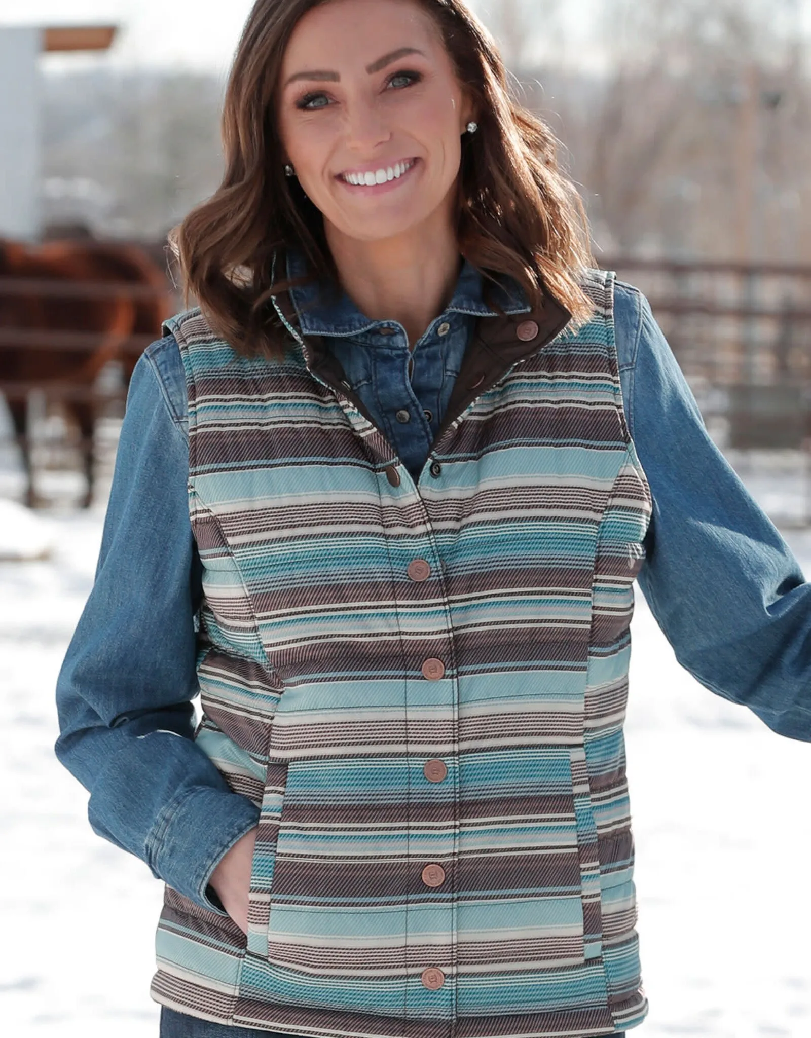 Womens Cinch Chocolate and Teal Reversible Poly Filled Vest