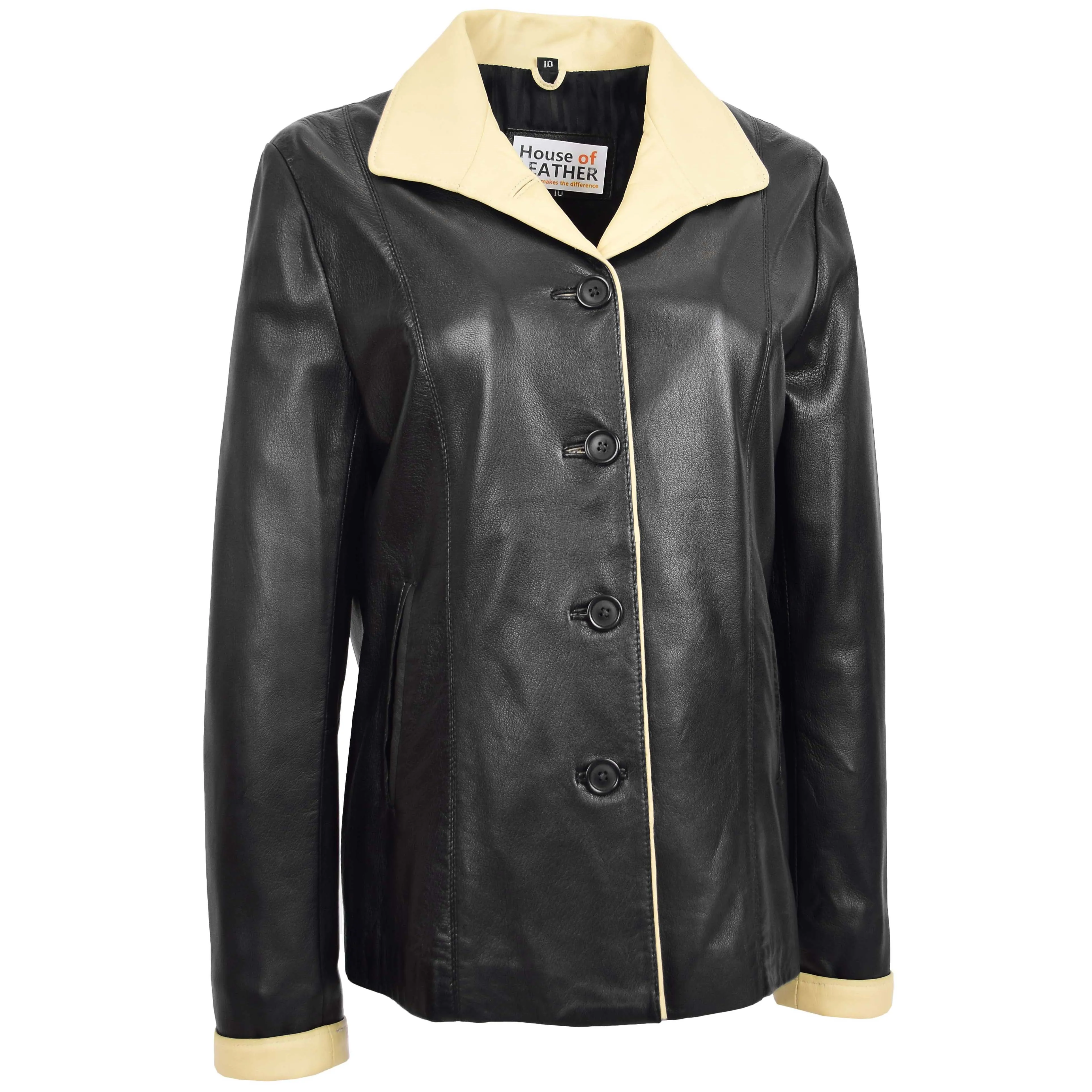 Womens Leather Classic Button Box Jacket Amber Black Beige