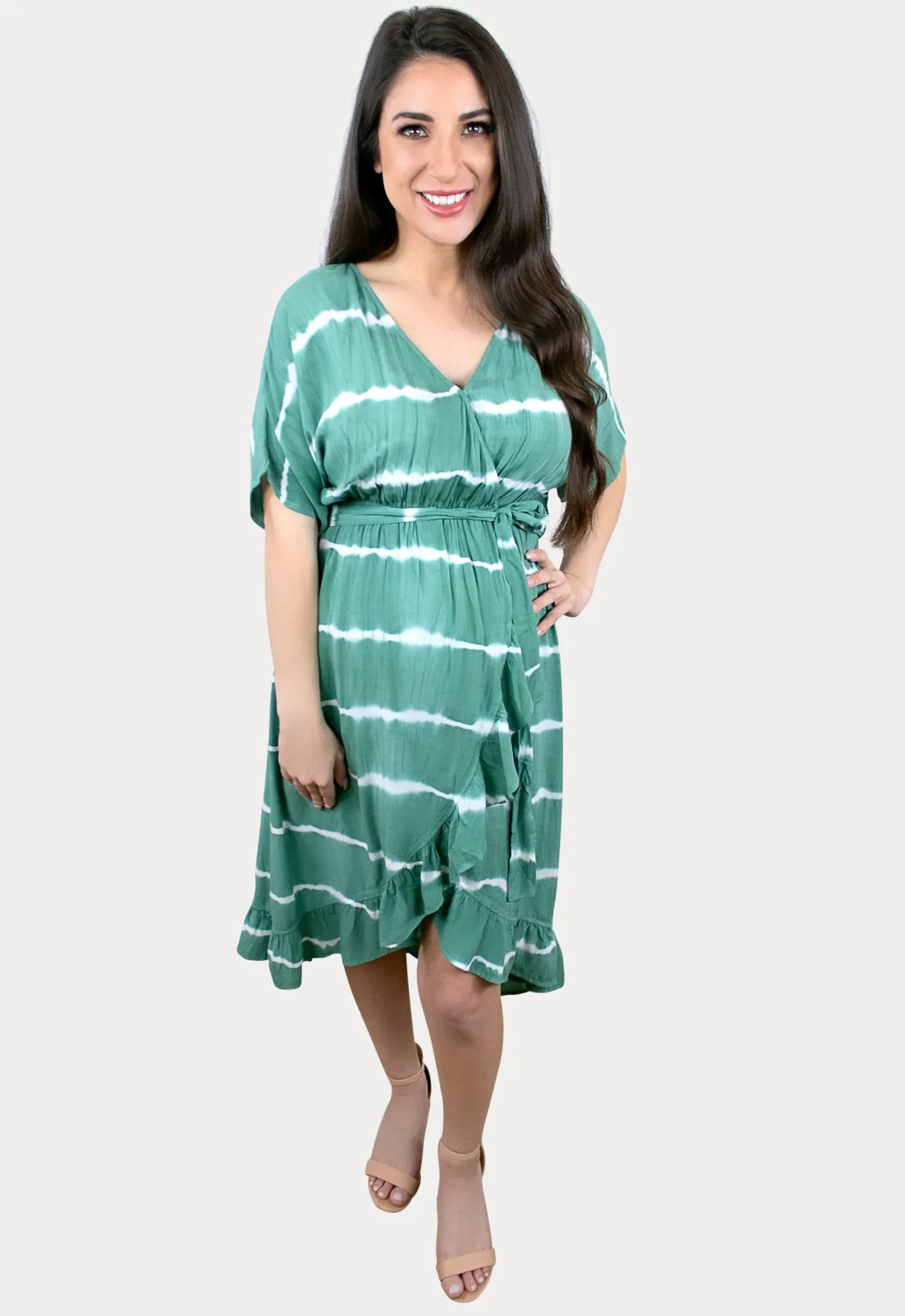 Wrap Front Striped Maternity Dress in Green