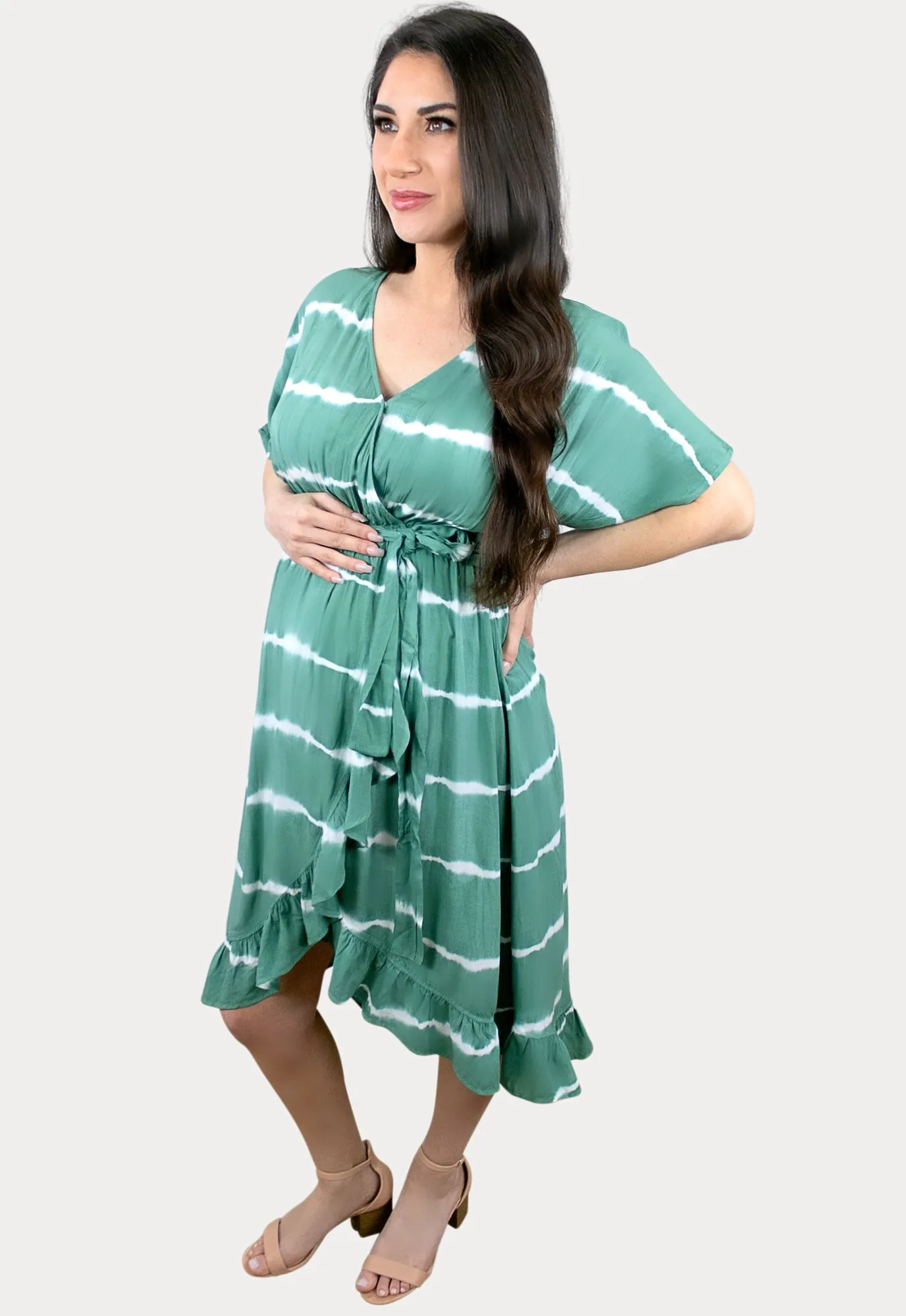 Wrap Front Striped Maternity Dress in Green