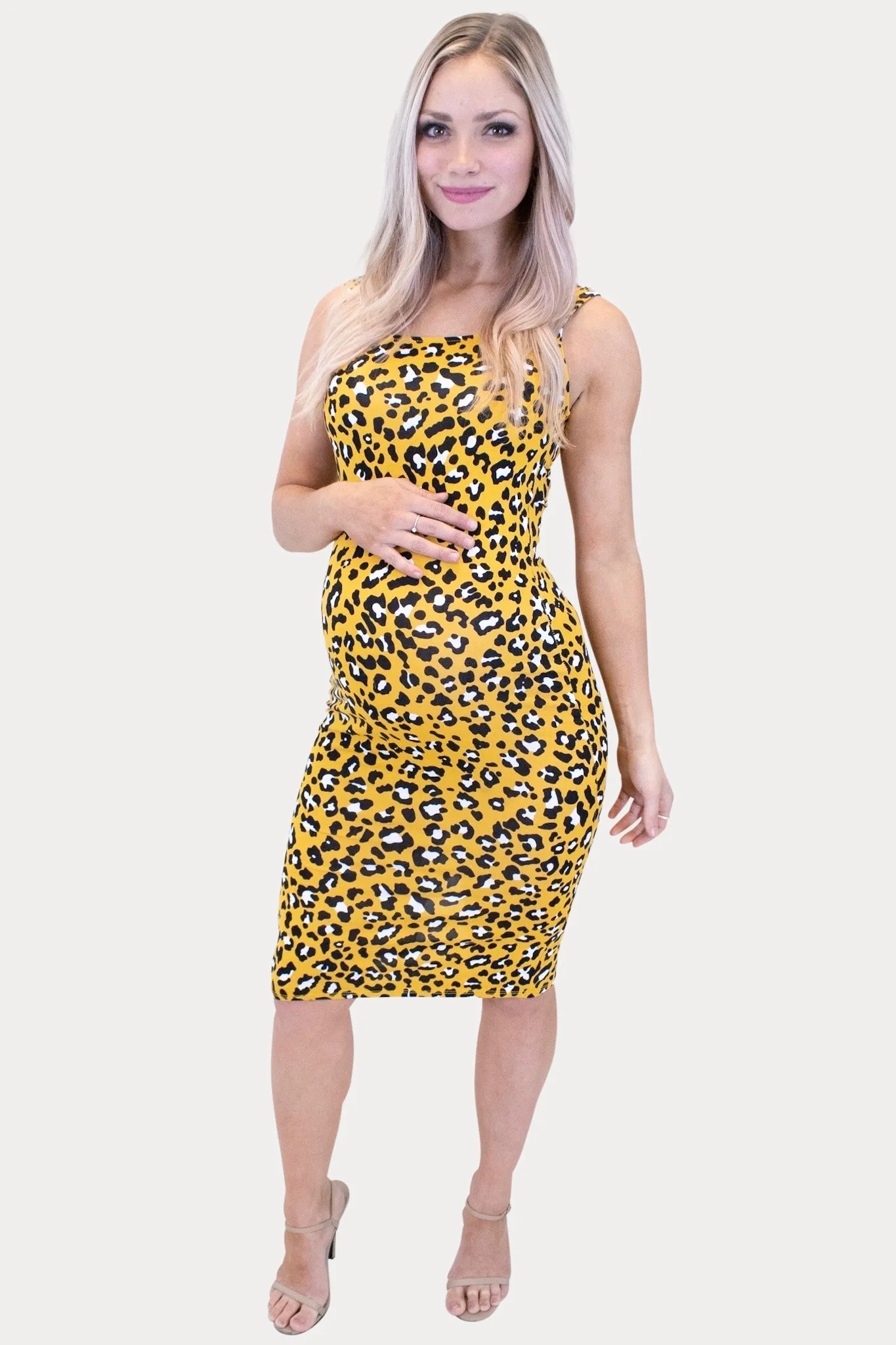 Yellow Leopard Scoop Back Bodycon Maternity Dress