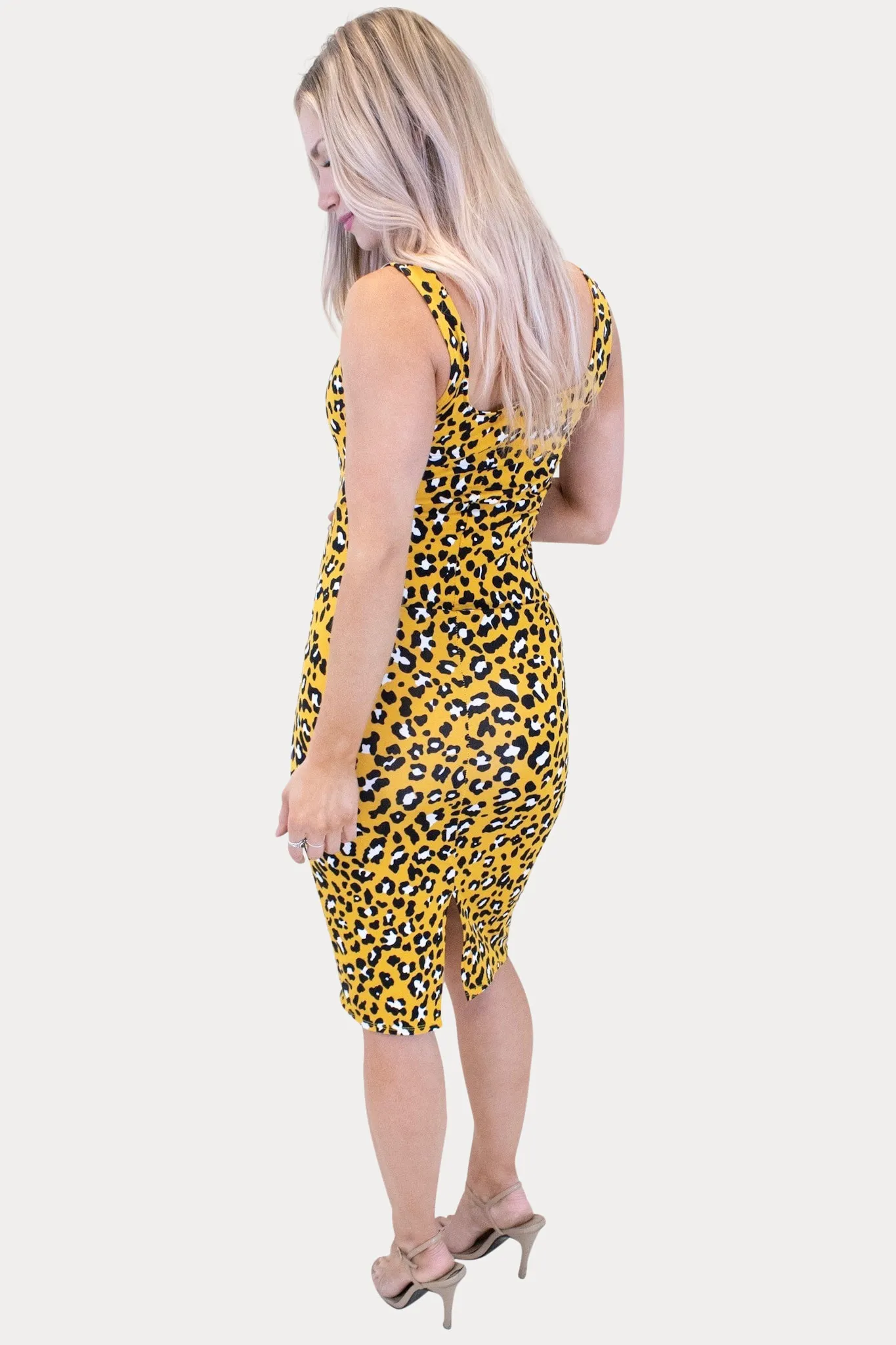 Yellow Leopard Scoop Back Bodycon Maternity Dress